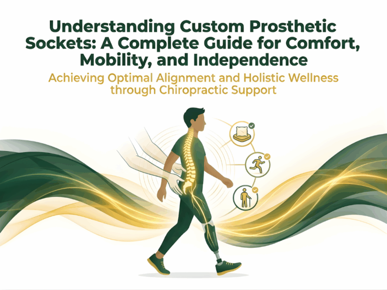 Illustration of a person with a visible spine, walking amid swirling green and yellow waves. Icons depict bed, running, and healthcare. Text emphasizes prosthetic sockets, alignment, and wellness.