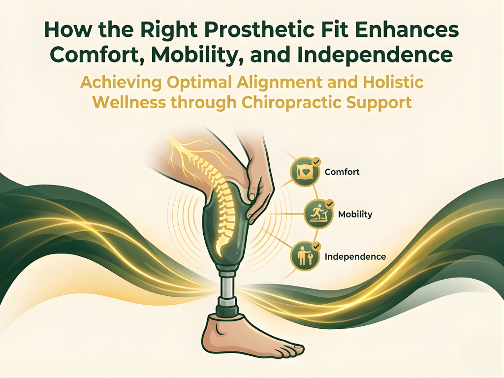 Illustration titled “How the Right Prosthetic Fit Enhances Comfort, Mobility, and Independence.” Shows a prosthetic leg with icons representing comfort, mobility, and independence. Green and gold waves convey motion and wellness.