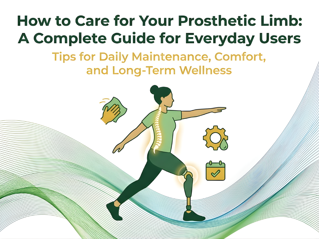 Illustration of a person with a visible spine, walking amid swirling green and yellow waves. Icons depict bed, running, and healthcare. Text emphasizes prosthetic sockets, alignment, and wellness.