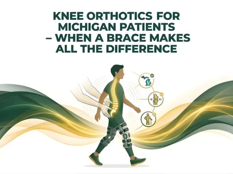 Young man walking with knee braces, spinal visualization, and dynamic green and gold waves. Text: "Knee Orthotics for Michigan Patients – When a Brace Makes All the Difference."