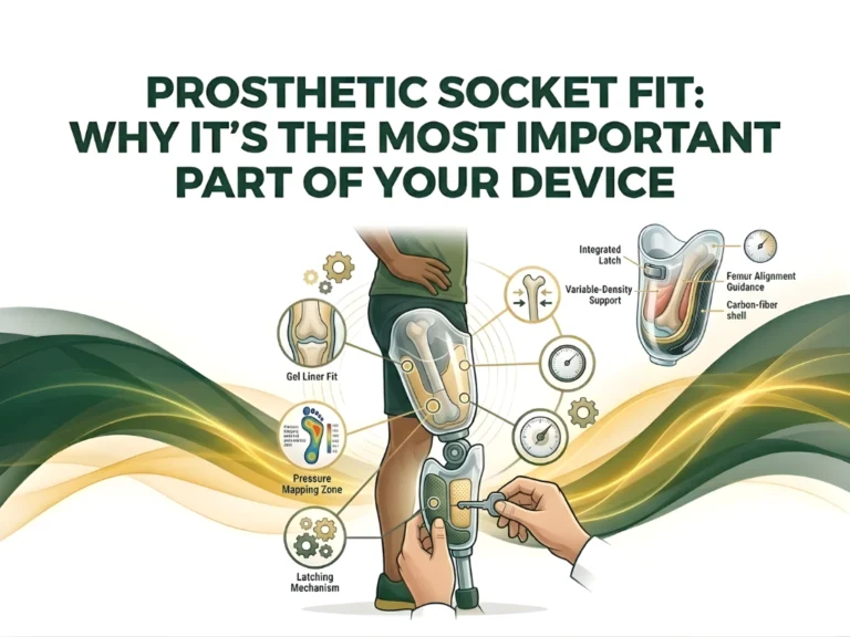 Diagram illustrating prosthetic socket components. Central figure shows a leg with a prosthetic, highlighting gel liner, pressure zones, and support features. Text reads "Prosthetic Socket Fit: Why It's the Most Important Part of Your Device." Green and yellow wave graphics convey innovation and support.