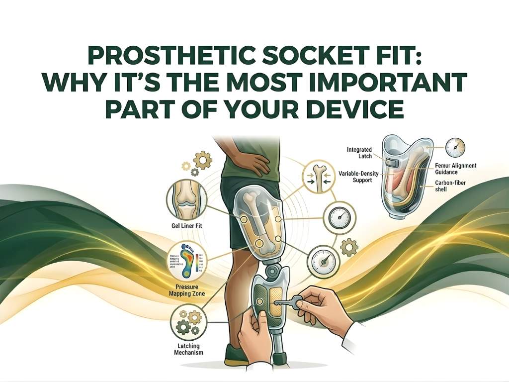 Diagram illustrating prosthetic socket components. Central figure shows a leg with a prosthetic, highlighting gel liner, pressure zones, and support features. Text reads "Prosthetic Socket Fit: Why It's the Most Important Part of Your Device." Green and yellow wave graphics convey innovation and support.